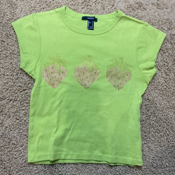 Forever 21 rhinestone strawberry baby tee - green cotton, women's sizing - Picture 2 of 7